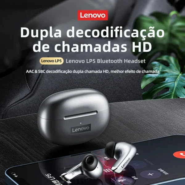100% original lenovo lp5 sem fio bluetooth fones de ouvido alta fidelidade música com microfone esportes à prova dwaterproof água - Imagem 2