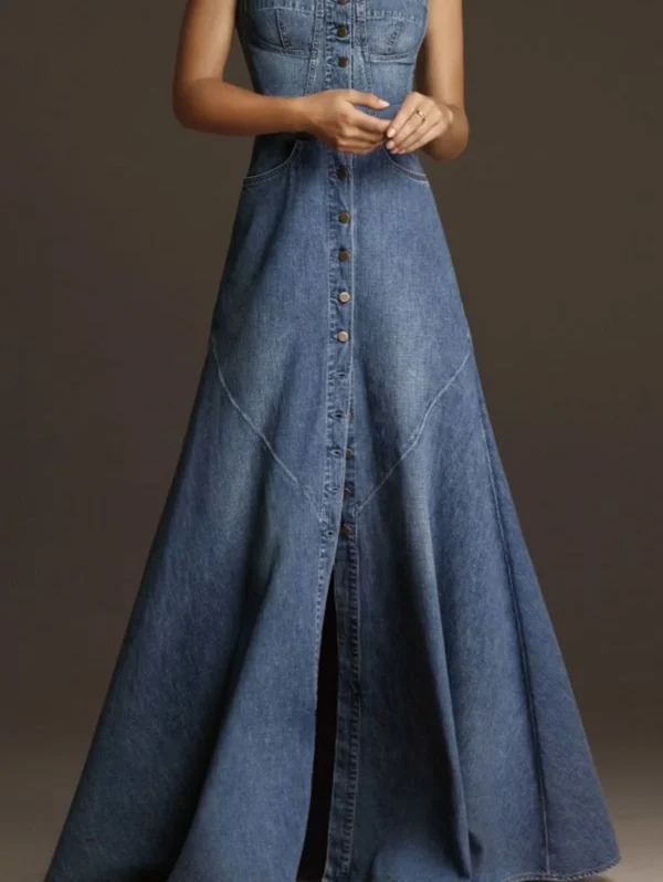 Vestido maxi jeans gola quadrada vintage - Imagem 4