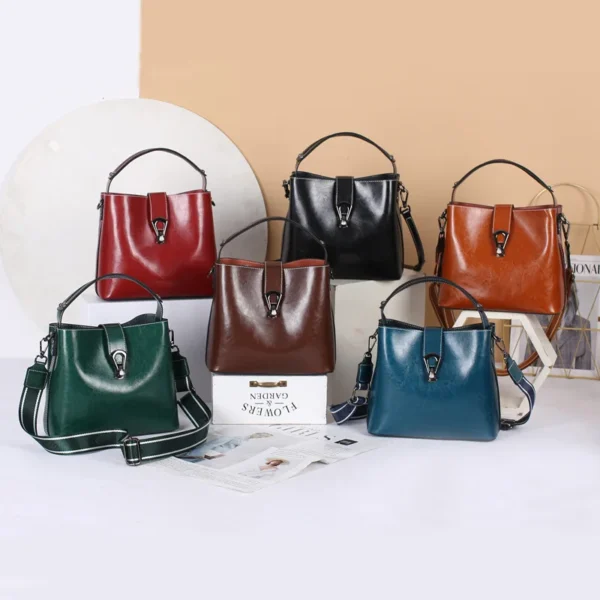 Bolsa balde feminina de couro cera de óleo real de grande capacidade elegante - Imagem 3