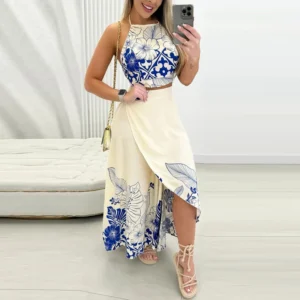 Conjunto de impressão tropical halter sem mangas sem costas saia superior casual terno diário