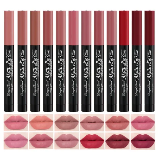 Batom lápis fosco de veludo, 12 cores, à prova d'água, de longa duração, antiaderente, sexy, rosa, vermelho.