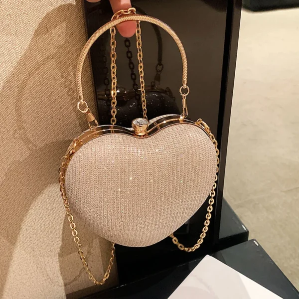 Bolsa de mão feminina brilhante, bolsa de mão em formato de coração, de metal, com corrente, de ombro, de luxo - Imagem 8