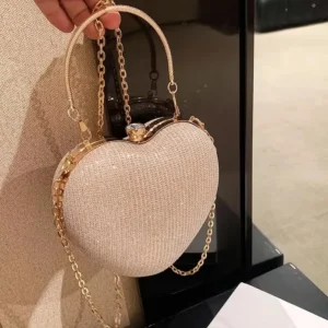 Bolsa de mão feminina brilhante, bolsa de mão em formato de coração, de metal, com corrente, de ombro, de luxo