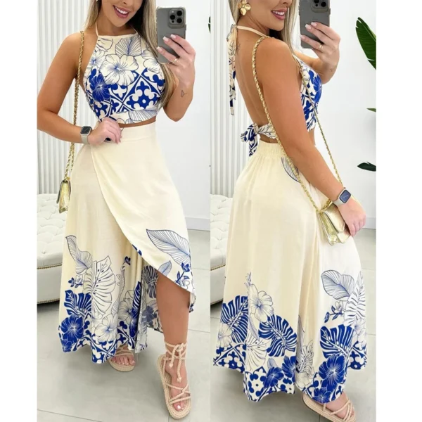 Conjunto de impressão tropical halter sem mangas sem costas saia superior casual terno diário - Imagem 3