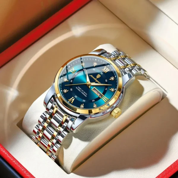 Poedagar relógio de luxo para homem elegante data semana à prova dwaterproof água luminosa relógio quartzo aço inoxidável esportes