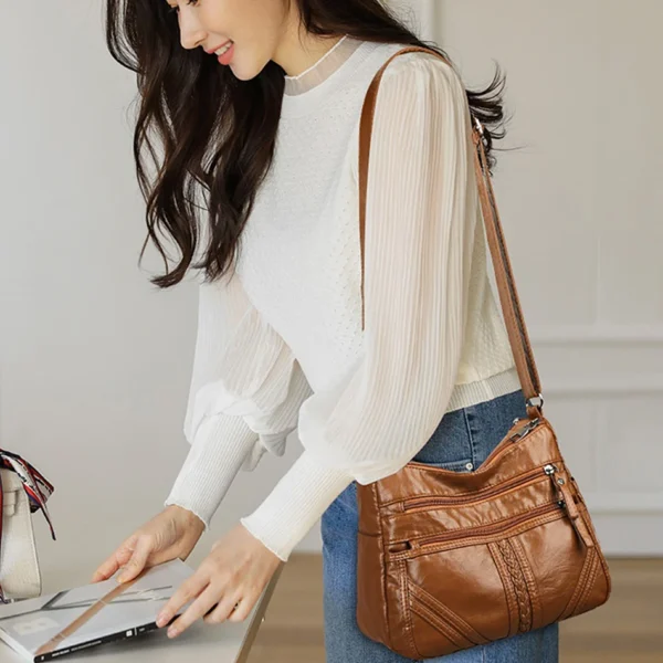 Bolsa de ombro de couro macio vintage feminina multi-camada clássico crossbody - Imagem 2