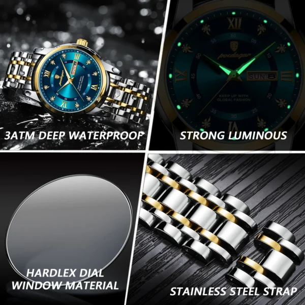 Poedagar relógio de luxo para homem elegante data semana à prova dwaterproof água luminosa relógio quartzo aço inoxidável esportes - Imagem 3