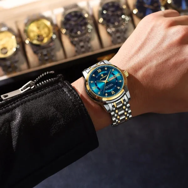 Poedagar relógio de luxo para homem elegante data semana à prova dwaterproof água luminosa relógio quartzo aço inoxidável esportes - Imagem 6