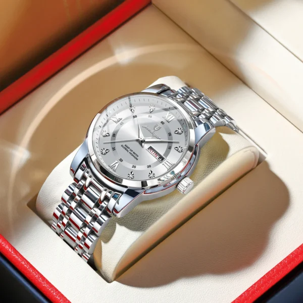 Poedagar relógio de luxo para homem elegante data semana à prova dwaterproof água luminosa relógio quartzo aço inoxidável esportes - Imagem 11
