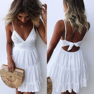 Vestido  decote em v sem costas arco-nó renda costura branco