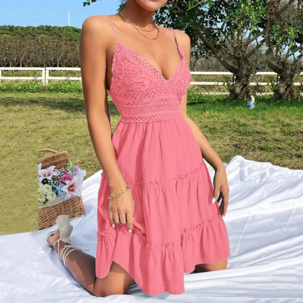 Vestido  decote em v sem costas arco-nó renda costura branco - Imagem 10