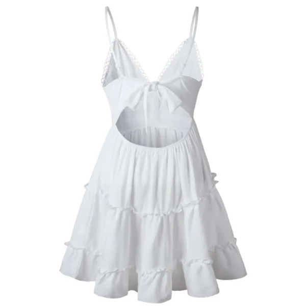 Vestido  decote em v sem costas arco-nó renda costura branco - Imagem 5