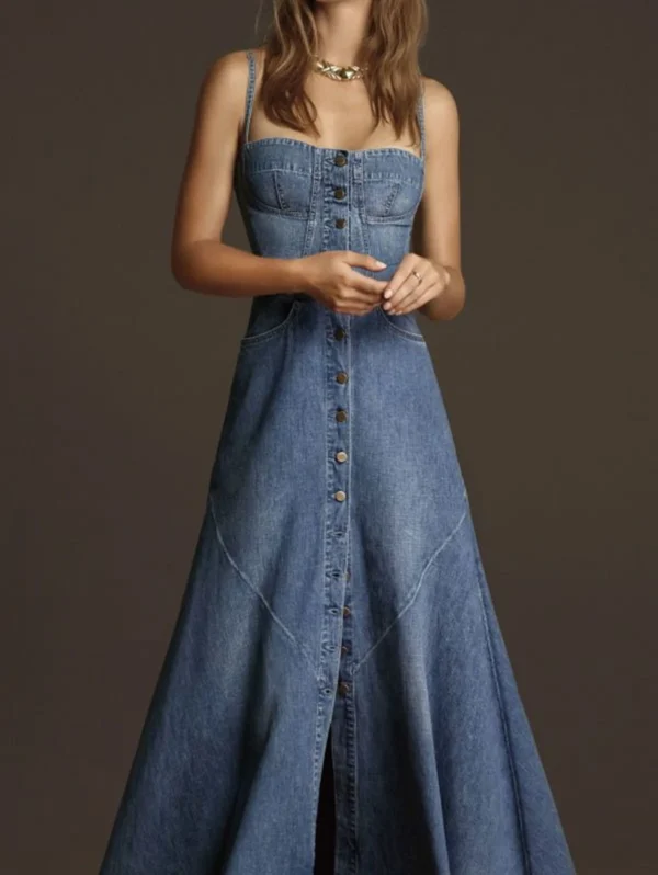 Vestido maxi jeans gola quadrada vintage - Imagem 3