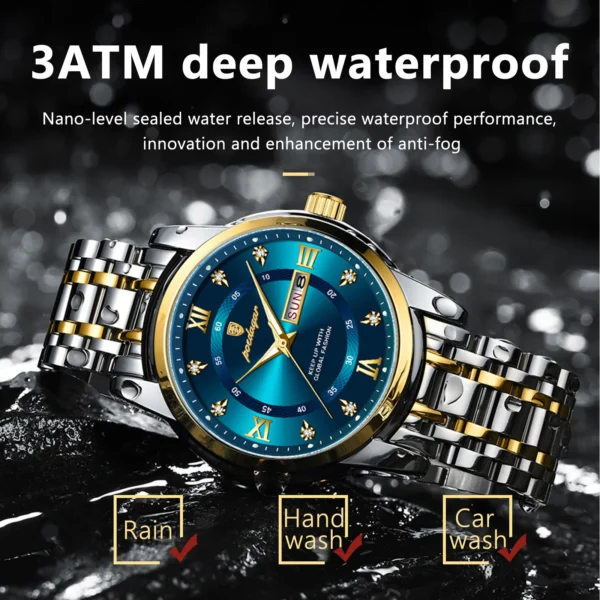 Poedagar relógio de luxo para homem elegante data semana à prova dwaterproof água luminosa relógio quartzo aço inoxidável esportes - Imagem 2