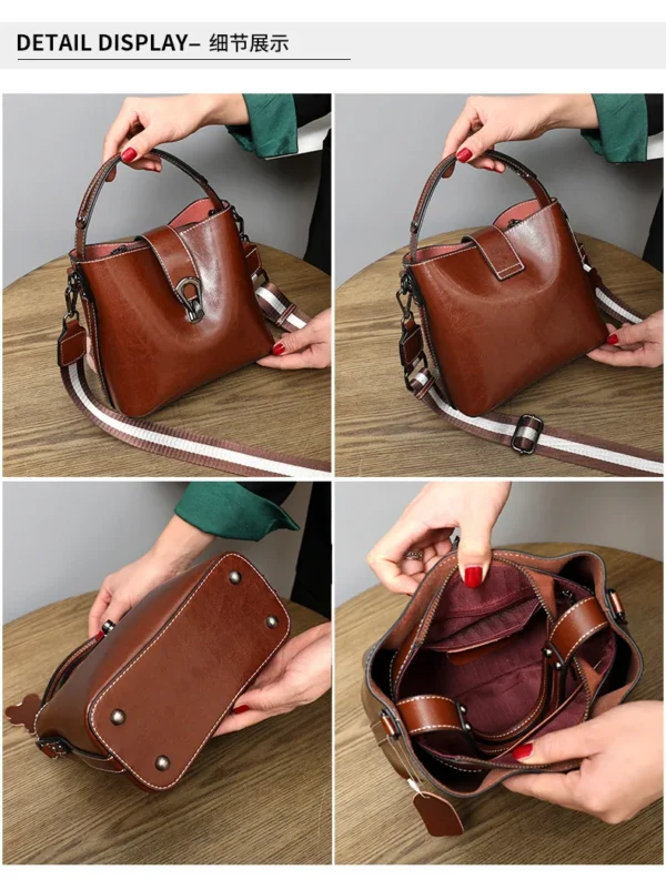 Bolsa balde feminina de couro cera de óleo real de grande capacidade elegante - Imagem 5