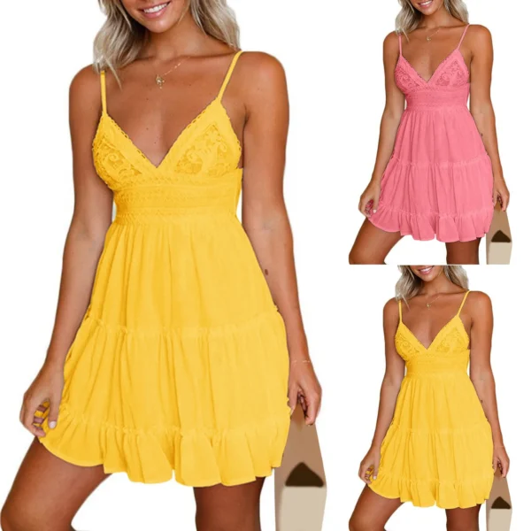 Vestido  decote em v sem costas arco-nó renda costura branco - Imagem 6