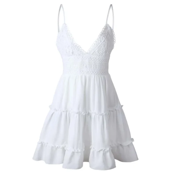 Vestido  decote em v sem costas arco-nó renda costura branco - Imagem 4