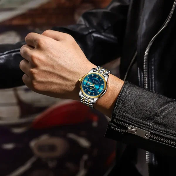 Poedagar relógio de luxo para homem elegante data semana à prova dwaterproof água luminosa relógio quartzo aço inoxidável esportes - Imagem 5