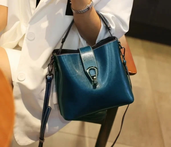 Bolsa balde feminina de couro cera de óleo real de grande capacidade elegante - Imagem 11