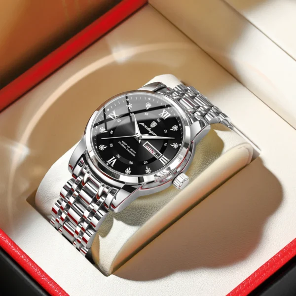 Poedagar relógio de luxo para homem elegante data semana à prova dwaterproof água luminosa relógio quartzo aço inoxidável esportes - Imagem 12
