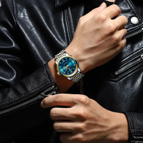 Poedagar relógio de luxo para homem elegante data semana à prova dwaterproof água luminosa relógio quartzo aço inoxidável esportes - Imagem 4