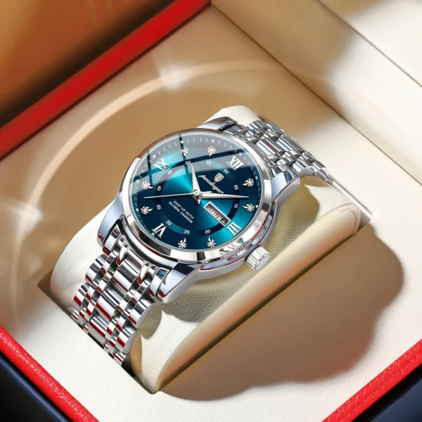 Poedagar relógio de luxo para homem elegante data semana à prova dwaterproof água luminosa relógio quartzo aço inoxidável esportes - Imagem 13