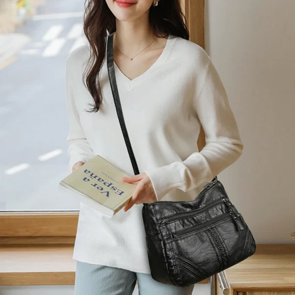 Bolsa de ombro de couro macio vintage feminina multi-camada clássico crossbody - Imagem 3