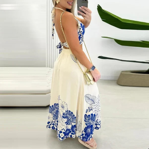 Conjunto de impressão tropical halter sem mangas sem costas saia superior casual terno diário - Imagem 2