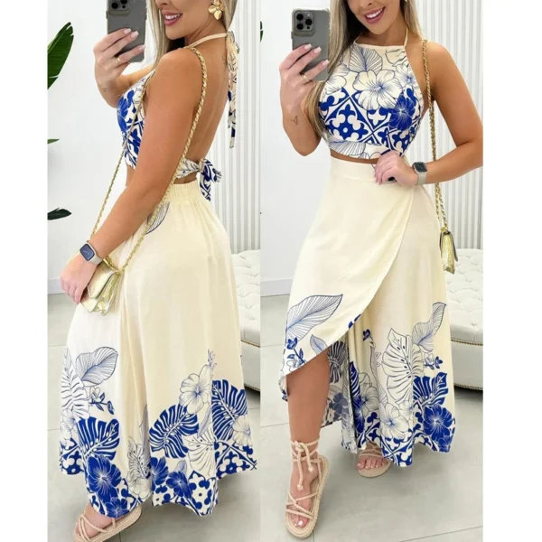 Conjunto de impressão tropical halter sem mangas sem costas saia superior casual terno diário - Imagem 4