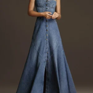 Vestido maxi jeans gola quadrada vintage