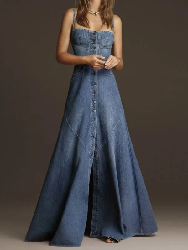 Vestido maxi jeans gola quadrada vintage