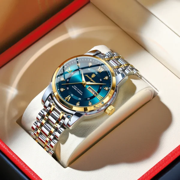 Poedagar relógio de luxo para homem elegante data semana à prova dwaterproof água luminosa relógio quartzo aço inoxidável esportes - Imagem 10