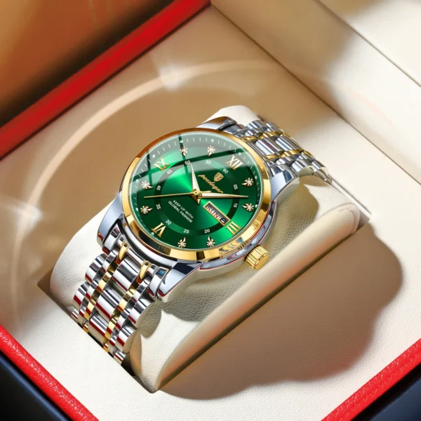 Poedagar relógio de luxo para homem elegante data semana à prova dwaterproof água luminosa relógio quartzo aço inoxidável esportes - Imagem 7