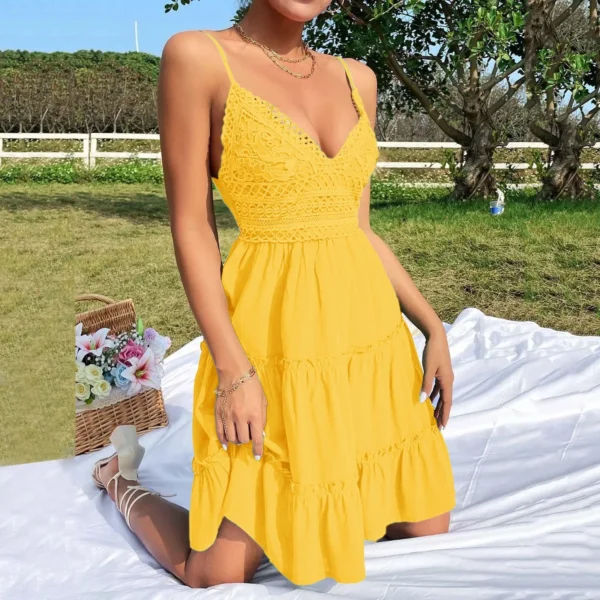 Vestido  decote em v sem costas arco-nó renda costura branco - Imagem 7