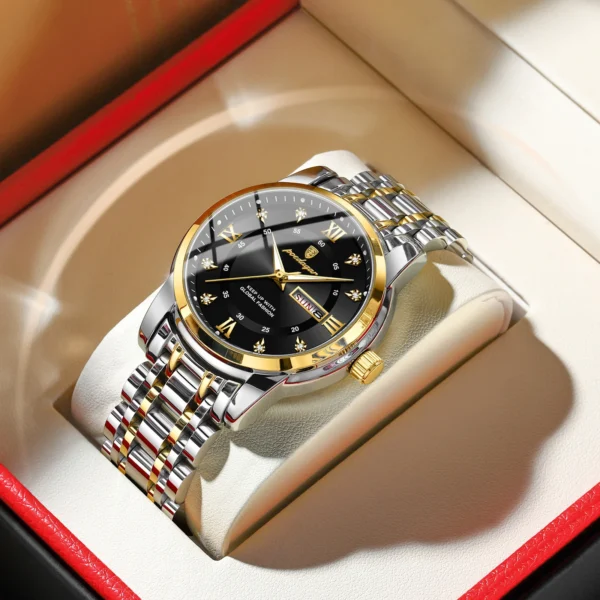 Poedagar relógio de luxo para homem elegante data semana à prova dwaterproof água luminosa relógio quartzo aço inoxidável esportes - Imagem 9