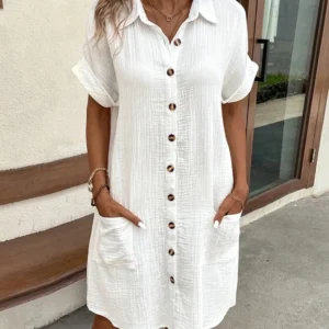 Vestido Moda Verão Decote Em V Três Quater Manga Algodão Linho