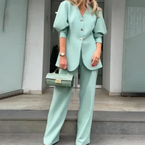 Conjunto  Calça de Terno Solto com Mangas Lanterna Blazer Elegante Feminino