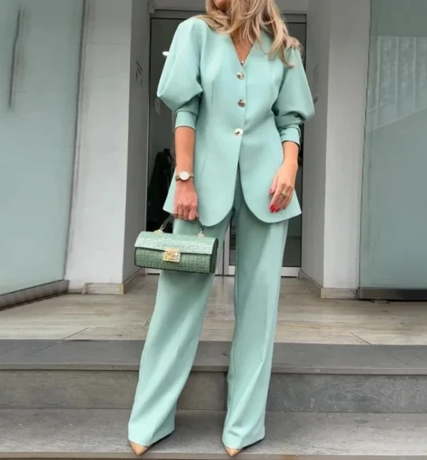 Conjunto  Calça de Terno Solto com Mangas Lanterna Blazer Elegante Feminino