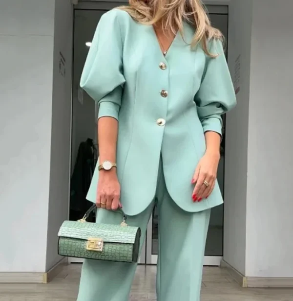 Conjunto  Calça de Terno Solto com Mangas Lanterna Blazer Elegante Feminino - Imagem 2