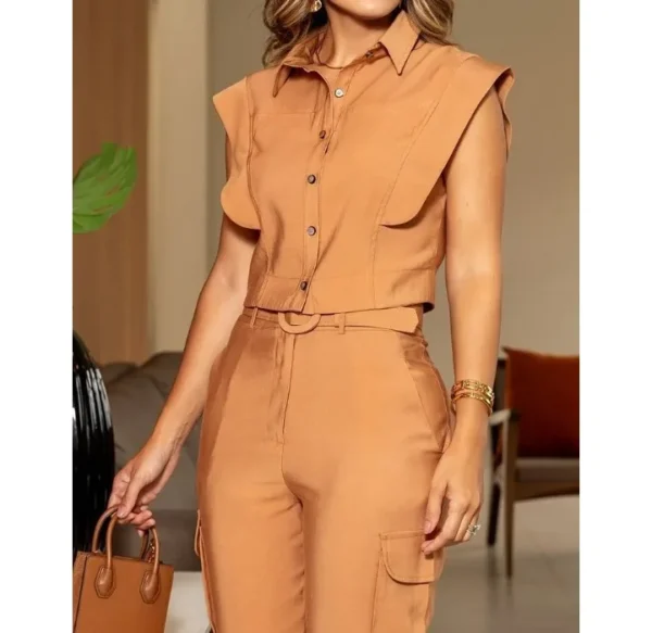 Conjunto Casual Feminino 2024 Moda Verão Novo Casual Flip Collar Top Sem Mangas - Imagem 8