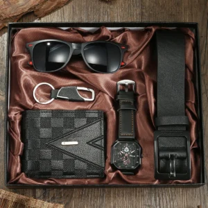 Conjunto de Relógio Versátil Clássico de 5 peças para Homens - Movimento de Quartzo, Chaveiro, Cinto, Óculos de Sol, Carteira Gif Perfeito para Negócios e Lazer