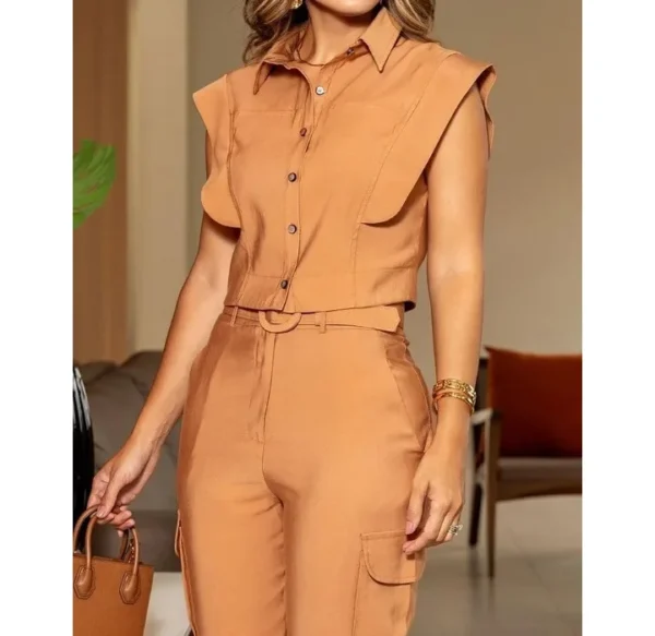 Conjunto Casual Feminino 2024 Moda Verão Novo Casual Flip Collar Top Sem Mangas - Imagem 7