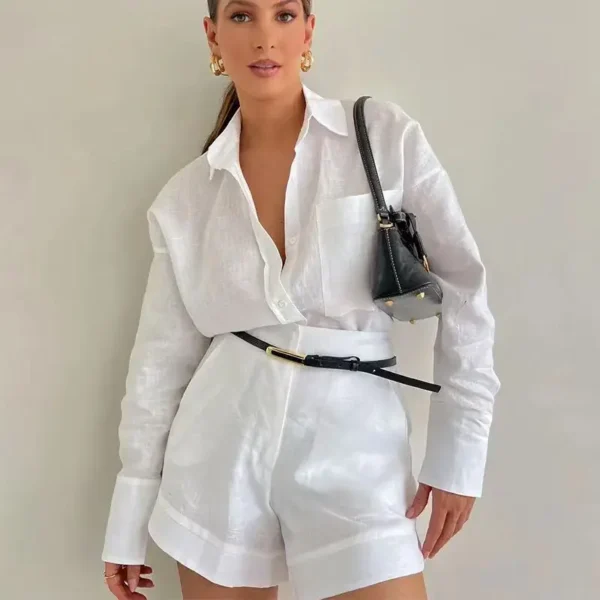 Conjuntos femininos de manga comprida de 2 peças casuais bolsos de botão calça curta com camisas - Imagem 14