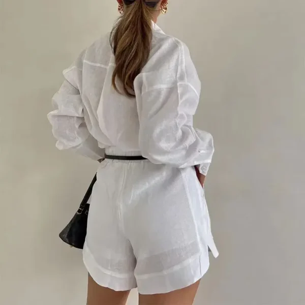 Conjuntos femininos de manga comprida de 2 peças casuais bolsos de botão calça curta com camisas - Imagem 15