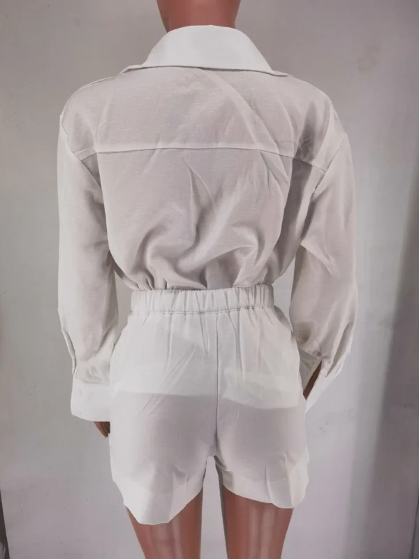 Conjuntos femininos de manga comprida de 2 peças casuais bolsos de botão calça curta com camisas - Imagem 18