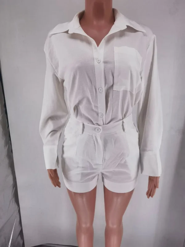 Conjuntos femininos de manga comprida de 2 peças casuais bolsos de botão calça curta com camisas - Imagem 16