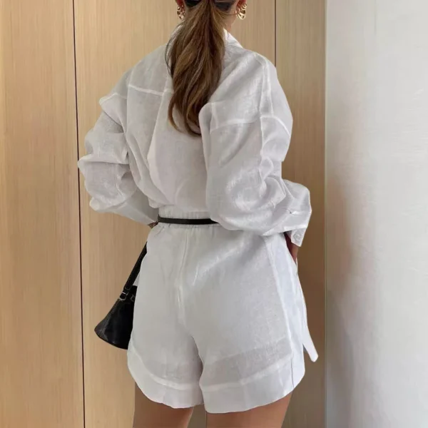 Conjuntos femininos de manga comprida de 2 peças casuais bolsos de botão calça curta com camisas - Imagem 4