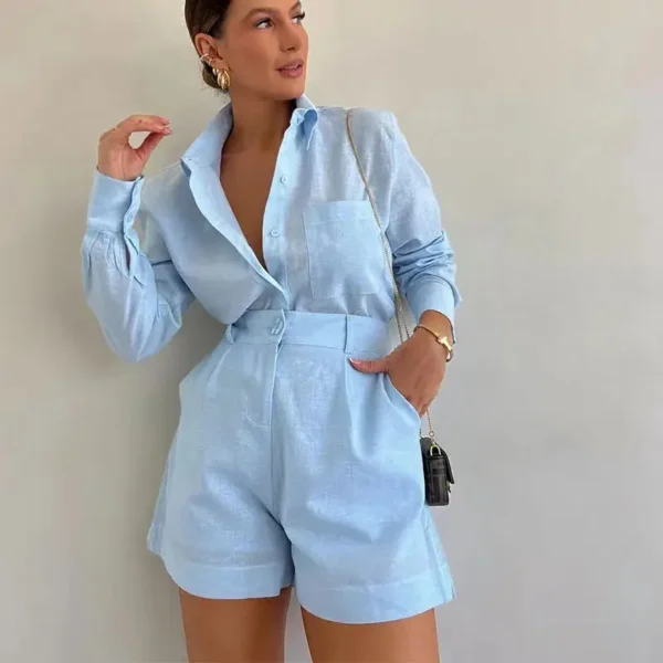 Conjuntos femininos de manga comprida de 2 peças casuais bolsos de botão calça curta com camisas - Imagem 12