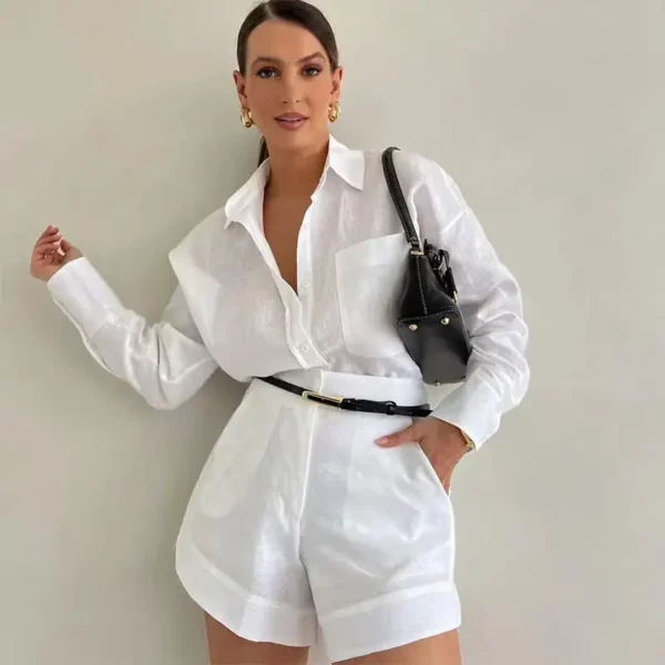 Conjuntos femininos de manga comprida de 2 peças casuais bolsos de botão calça curta com camisas - Imagem 13