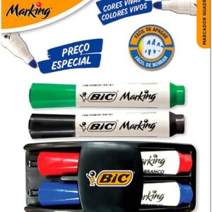 Kit 4 Marcadores de Quadro Branco BIC Marking Cores Clássicas + 1 Apagador, Ponta Resistente, Apaga Fácil, 970929